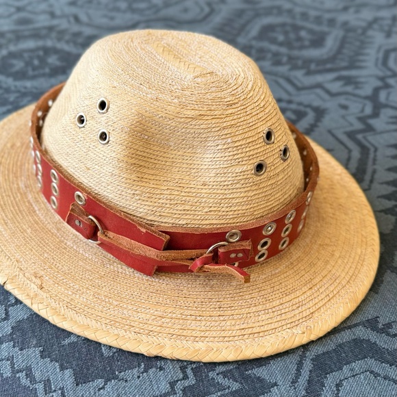 Vintage Woven Straw Hat with Red Leather Band - Picture 2 of 6